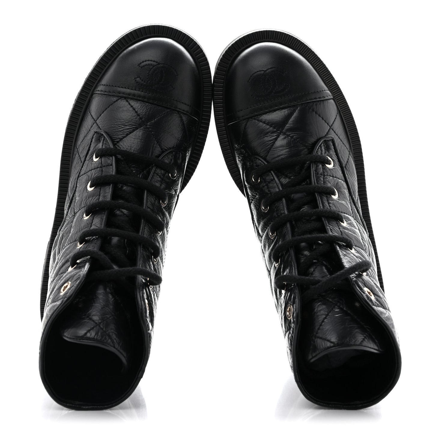 Shiny Calfskin Quilted Lace Up Combat Boots 37.5 Black