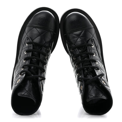 Chanel Shiny Calfskin Quilted Lace Up Combat Boots 37.5 Black 2 of 11