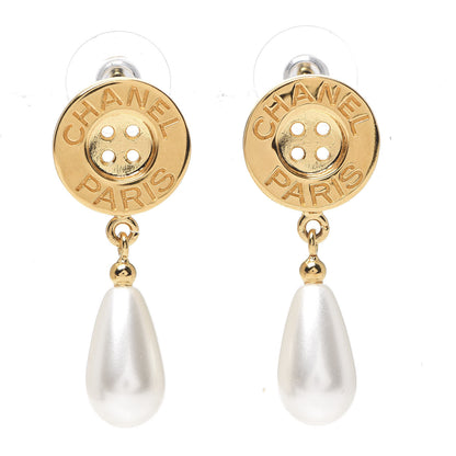 Chanel Metal Pearl Paris Button Drop Earrings Gold 1 of 4