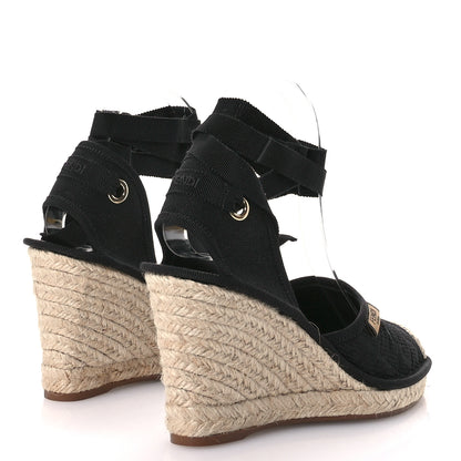 Fendi Canvas FF Embroidered Roma Ankle Wrap Wedge Espadrilles 37 Black 5 of 8