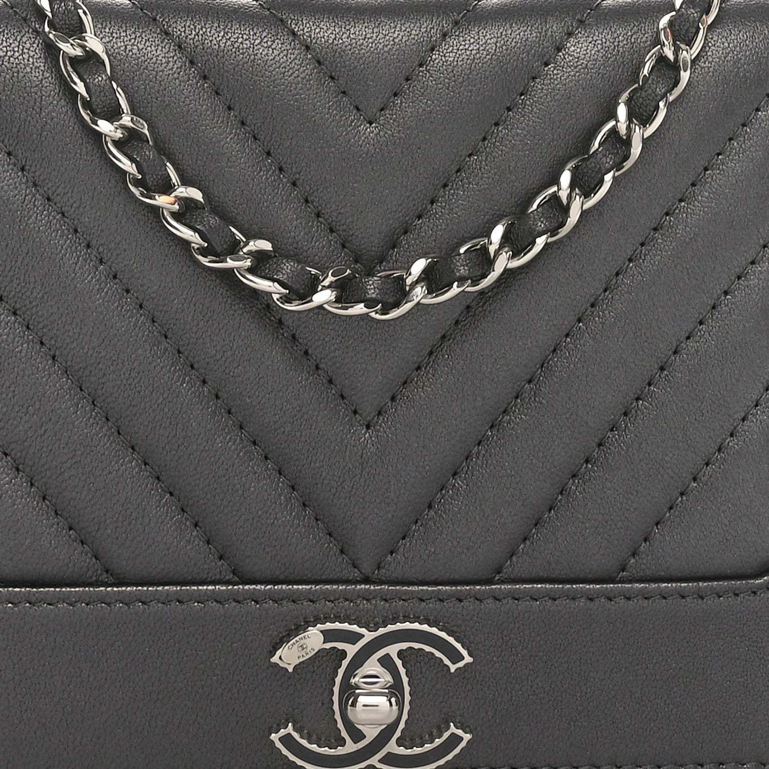 Chanel Metallic Goatskin Chevron Quilted Vintage Mademoiselle Wallet On Chain WOC Charcoal 8 of 11