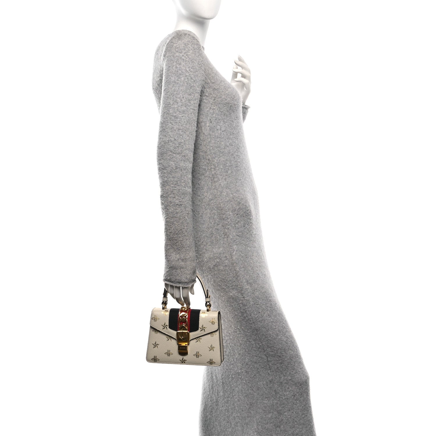 Gucci Textured Calfskin Bee Star Print Mini Sylvie Top Handle Bag Mystic White 2 of 11