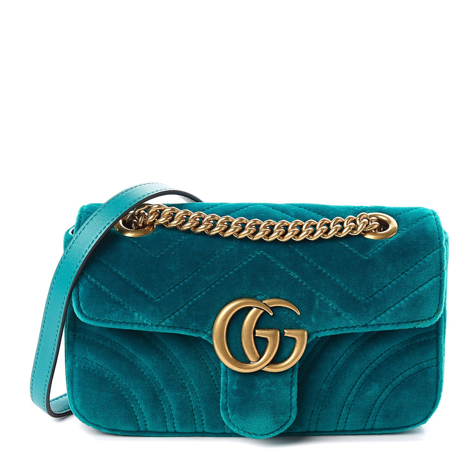 Gucci Velvet Matelasse Mini GG Marmont Shoulder Bag Pavone Cyan 1 of 9