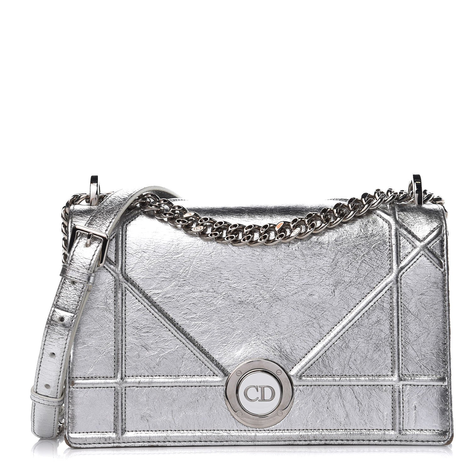 Christian Dior Metallic Crinkled Lambskin Medium Diorama Flap Bag Silver 1 of 13