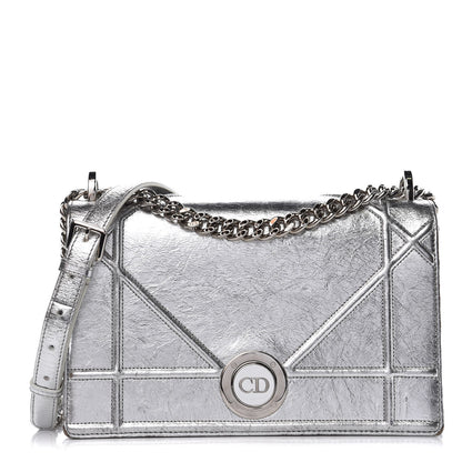 Christian Dior Metallic Crinkled Lambskin Medium Diorama Flap Bag Silver 1 of 13