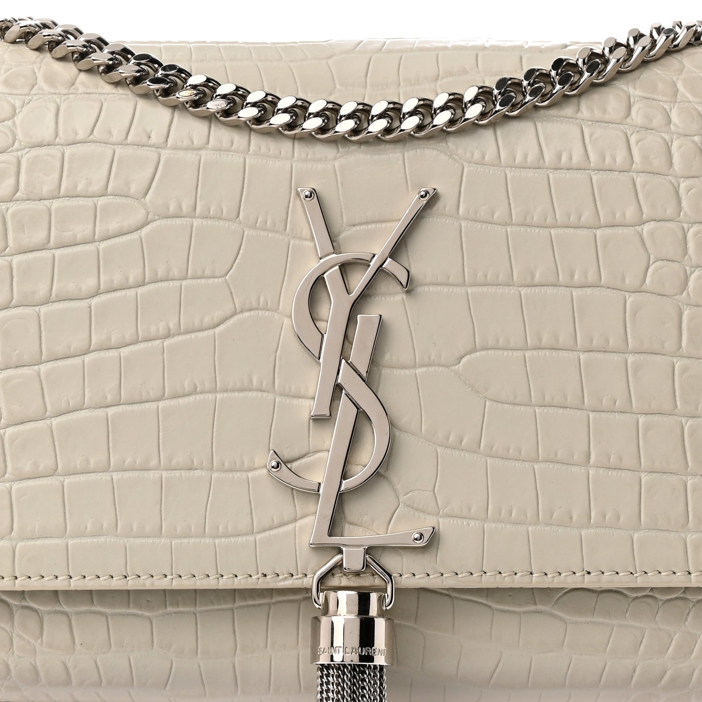 Calfskin Crocodile Embossed Small Classic Monogram Kate Tassel Satchel Blanc Vintage