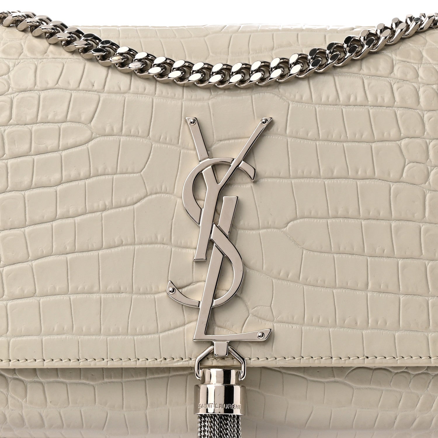 Saint Laurent Calfskin Crocodile Embossed Small Classic Monogram Kate Tassel Satchel Blanc Vintage 7 of 11