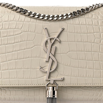 Saint Laurent Calfskin Crocodile Embossed Small Classic Monogram Kate Tassel Satchel Blanc Vintage 7 of 11