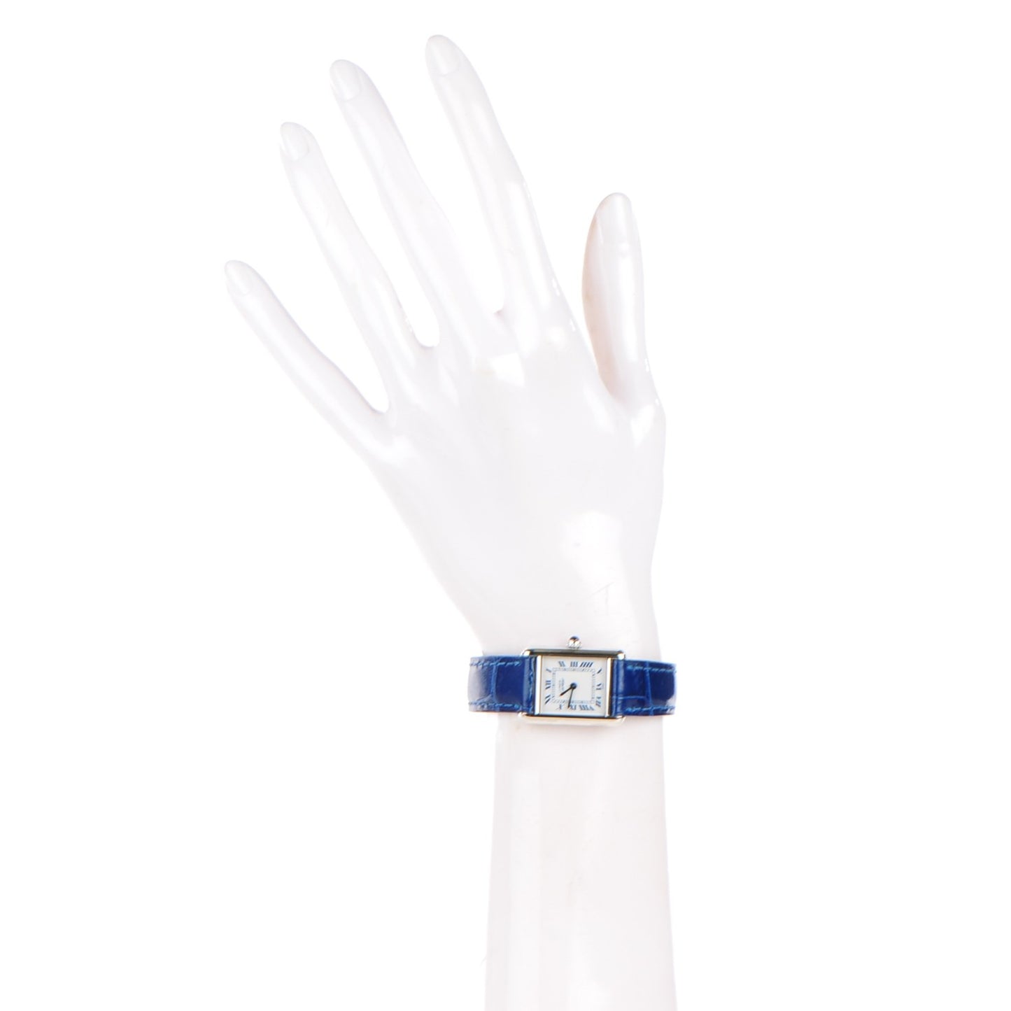 Sterling Silver Alligator 20mm Must de Cartier Tank Quartz Watch Blue