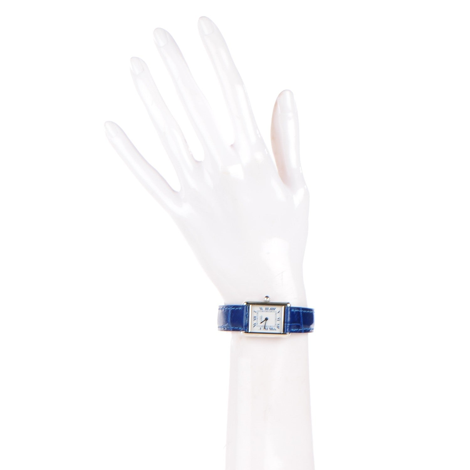 Cartier Sterling Silver Alligator 20mm Must de Cartier Tank Quartz Watch Blue 3 of 10
