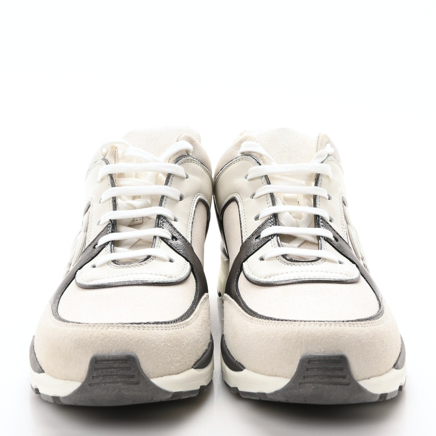 Chanel Suede Calfskin CC Sneakers 40 White Grey 3 of 9
