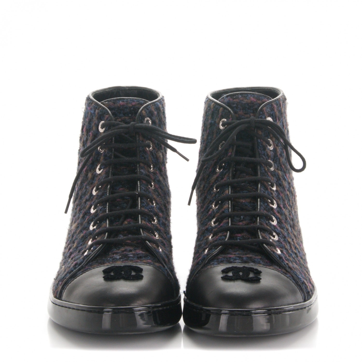 Chanel Tweed Lambskin High Top Sneakers 40 Navy Black Khaki 2 of 7