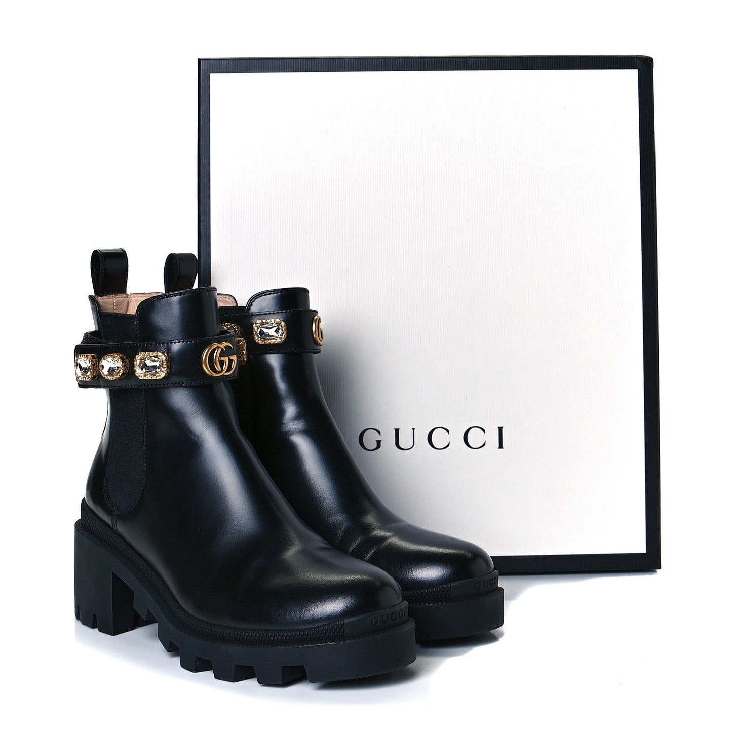 Calfskin Crystal GG Trip Chelsea Ankle Boots 37 Black
