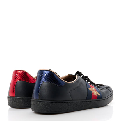 Gucci Miro Soft Calfskin Laminated Ayers Web Bee Embroidered Mens Ace Sneakers 10.5 Black Red Flame Night 4 of 9