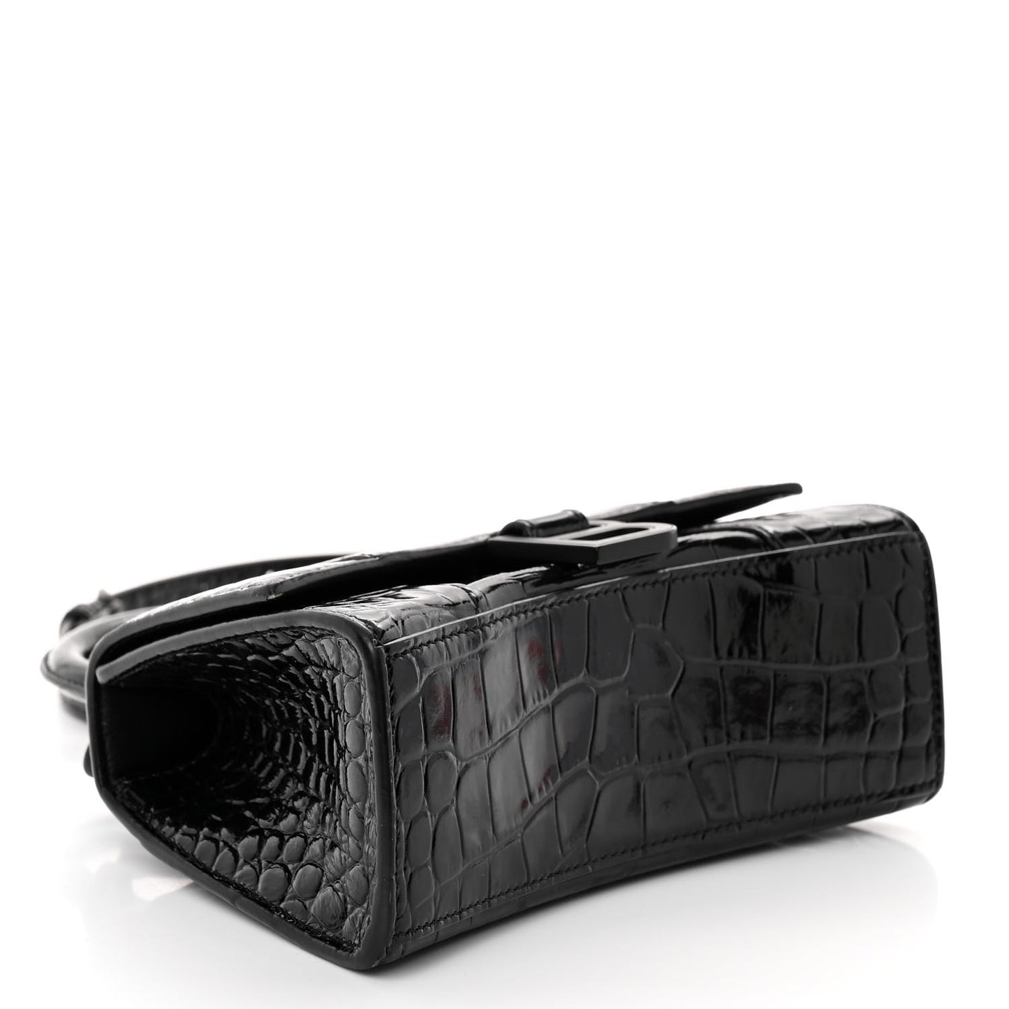 Shiny Calfskin Monochrome Crocodile Embossed Hourglass Top Handle Bag XS Black