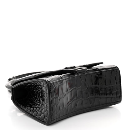 Balenciaga Shiny Calfskin Monochrome Crocodile Embossed Hourglass Top Handle Bag XS Black 4 of 9