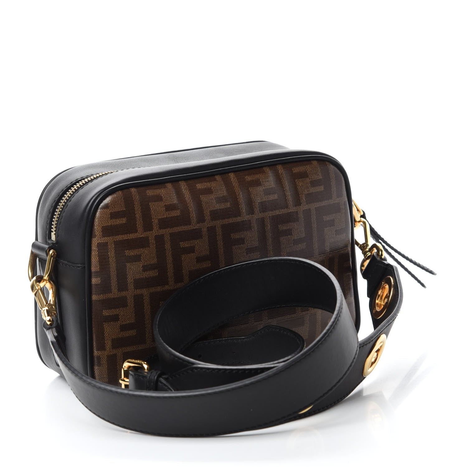 Fendi Glazed Fabric Vitello Century F is Fendi FF 1974 Stamp Patch Camera Case Mogano Panna Black 3 of 10