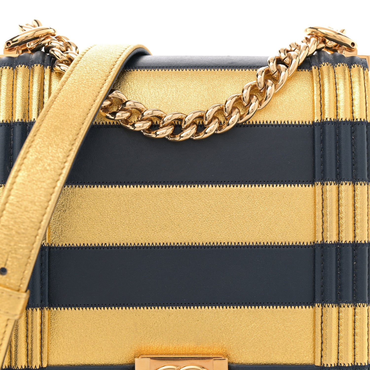 Chanel Metallic Lambskin Striped North South Boy Flap Navy Gold 8 of 10