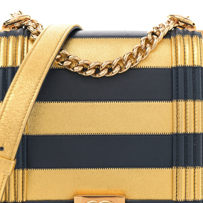 Chanel Metallic Lambskin Striped North South Boy Flap Navy Gold 8 of 10