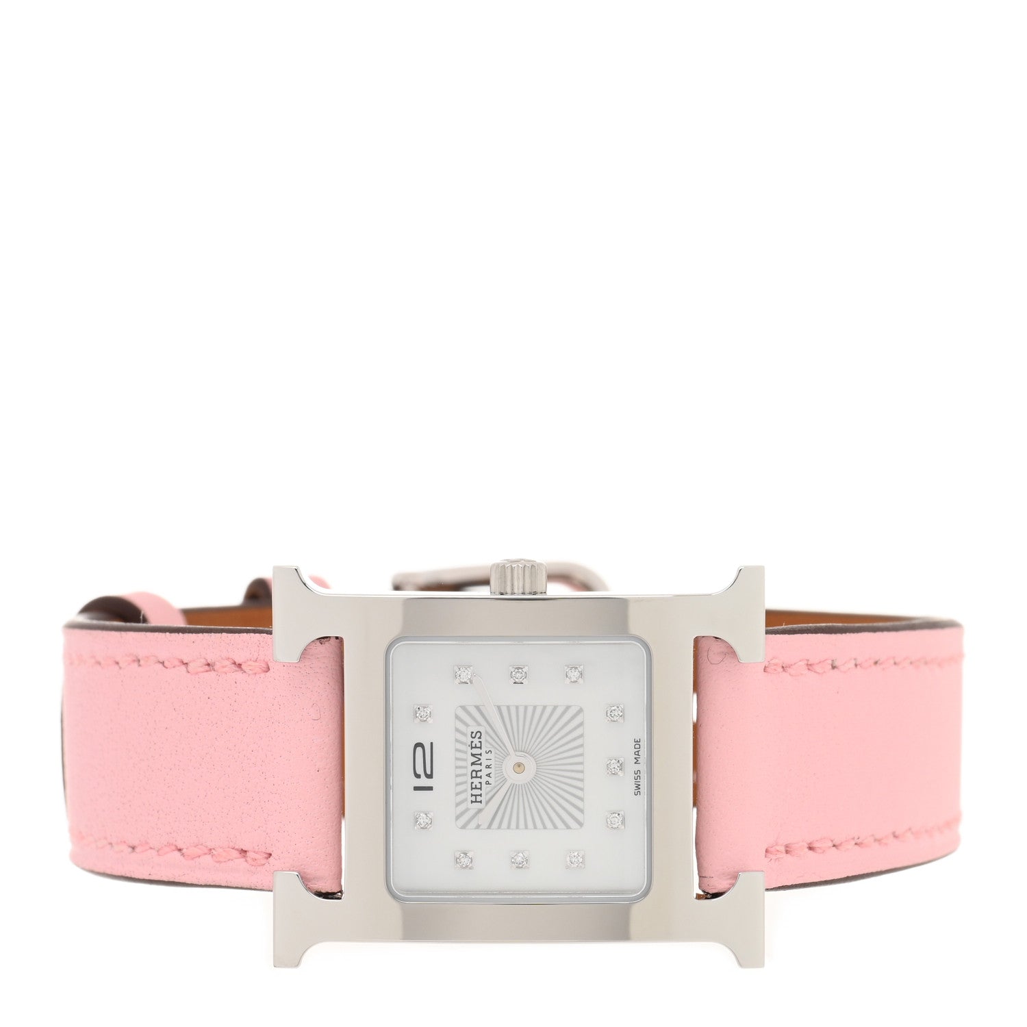 Hermes Stainless Steel Swift Diamond Mother of Pearl 21mm Heure H Hour Quartz Watch Rose Sakura 2 of 5