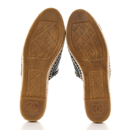 Chanel Lambskin Grosgrain Quilted CC Chain Espadrille Mules 37 Navy Black 5 of 10