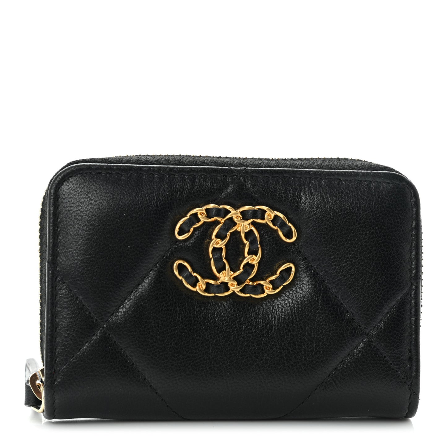 Goatskin Quilted Chanel 19 Zip Around Coin Purse Wallet Black
