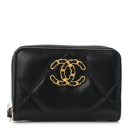 Chanel Goatskin Quilted Chanel 19 Zip Around Coin Purse Wallet Black 1 of 9