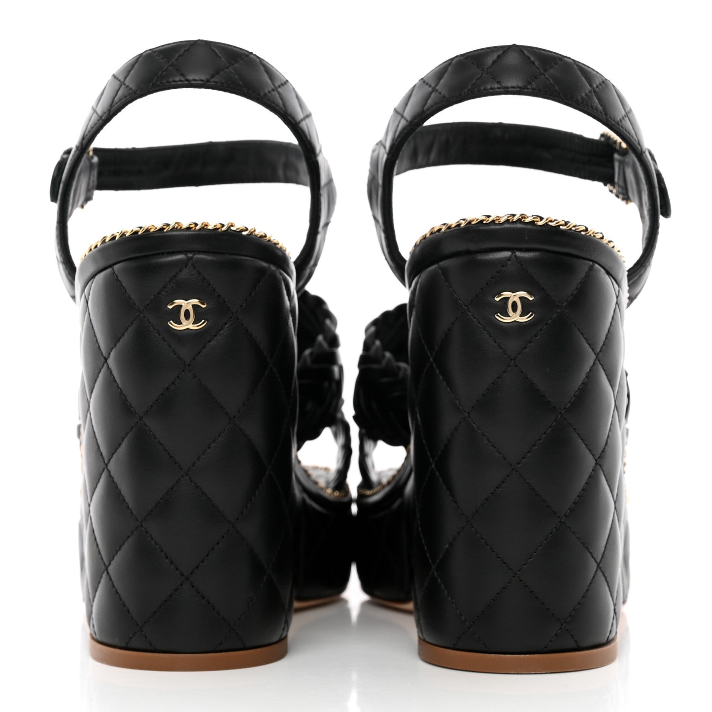 Calfskin Quilted Chain Around Wedge Sandals 40 Black