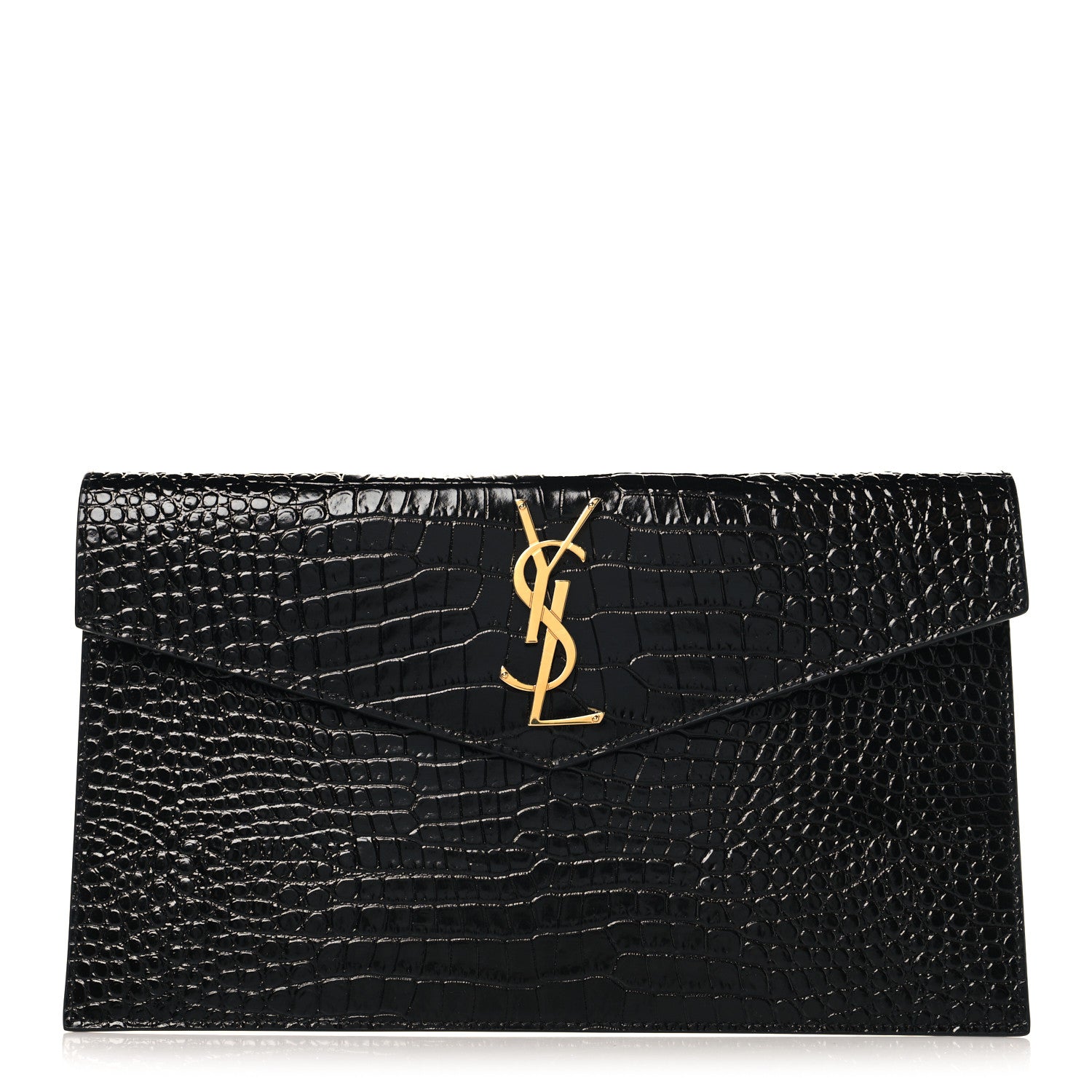 Saint Laurent Calfskin Crocodile Embossed Uptown Monogram Pouch Black 1 of 7