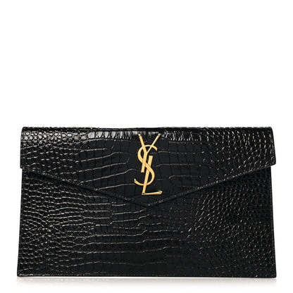 Saint Laurent Calfskin Crocodile Embossed Uptown Monogram Pouch Black 1 of 7