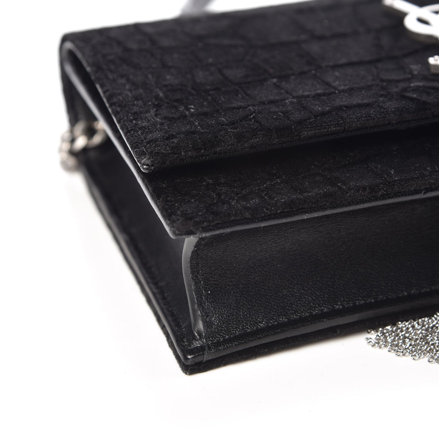 Suede Crocodile Embossed Monogram Tassel Chain Wallet Black Silver