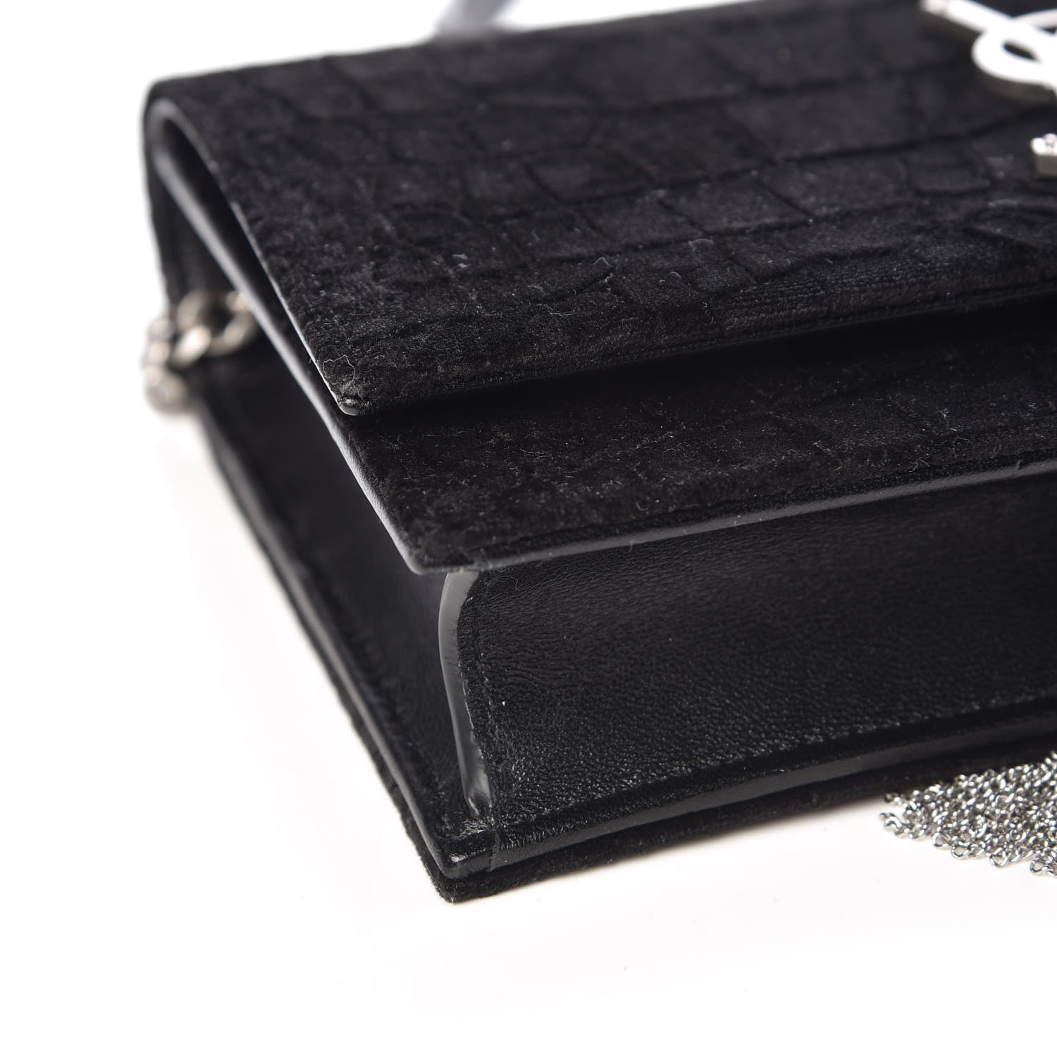 Saint Laurent Suede Crocodile Embossed Monogram Tassel Chain Wallet Black Silver 7 of 8