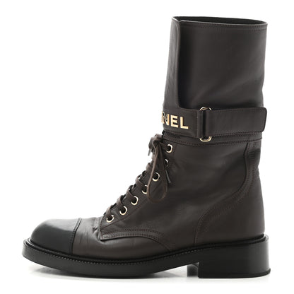 Chanel Shiny Calfskin Lace Up Combat Boots 38.5 Dark Brown Black 1 of 10