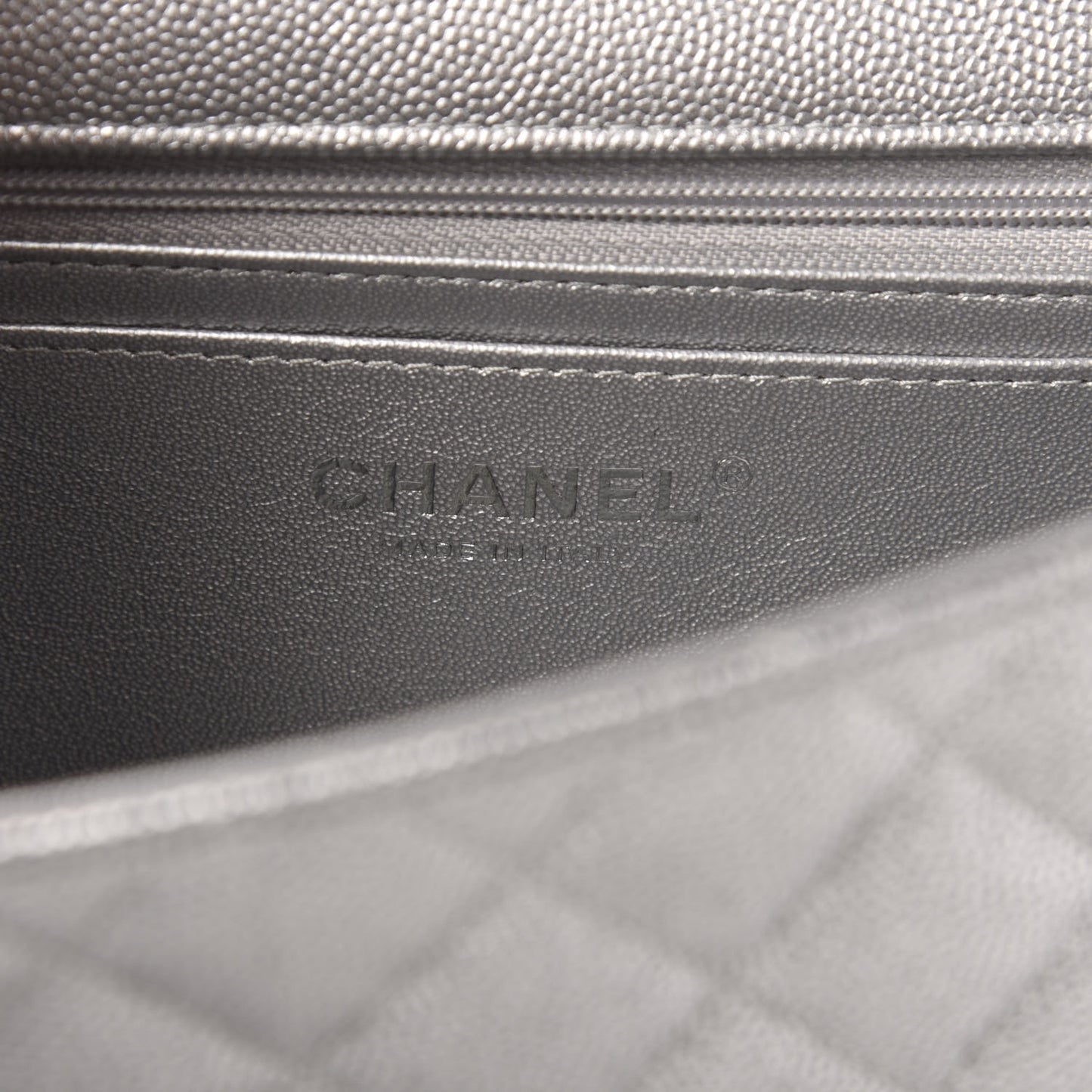Metallic Caviar Quilted Mini Top Handle Rectangular Flap Silver