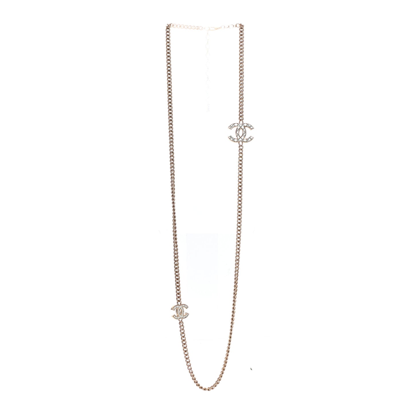 Metal Quilted CC Long Chain Necklace Gold Pearly White