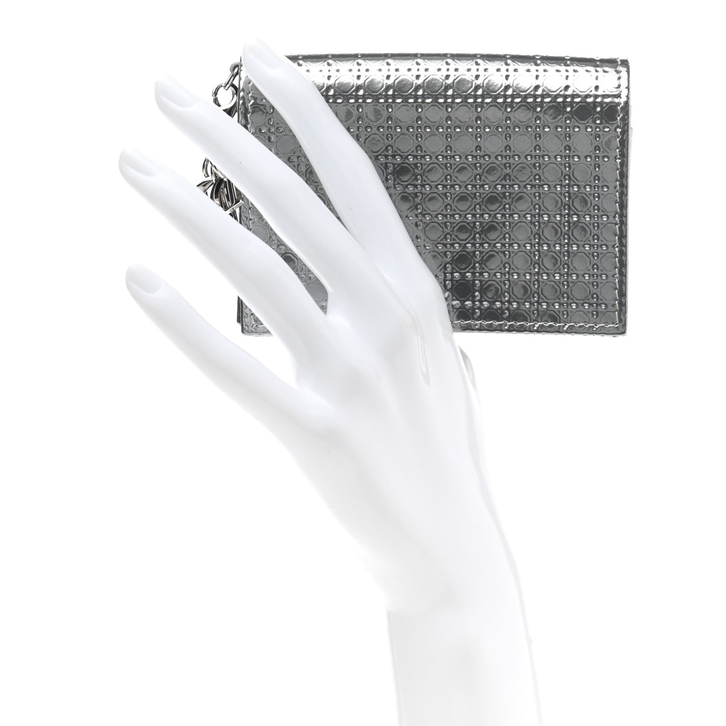 Metallic Patent Micro-Cannage Lady Dior Card Holder Silver
