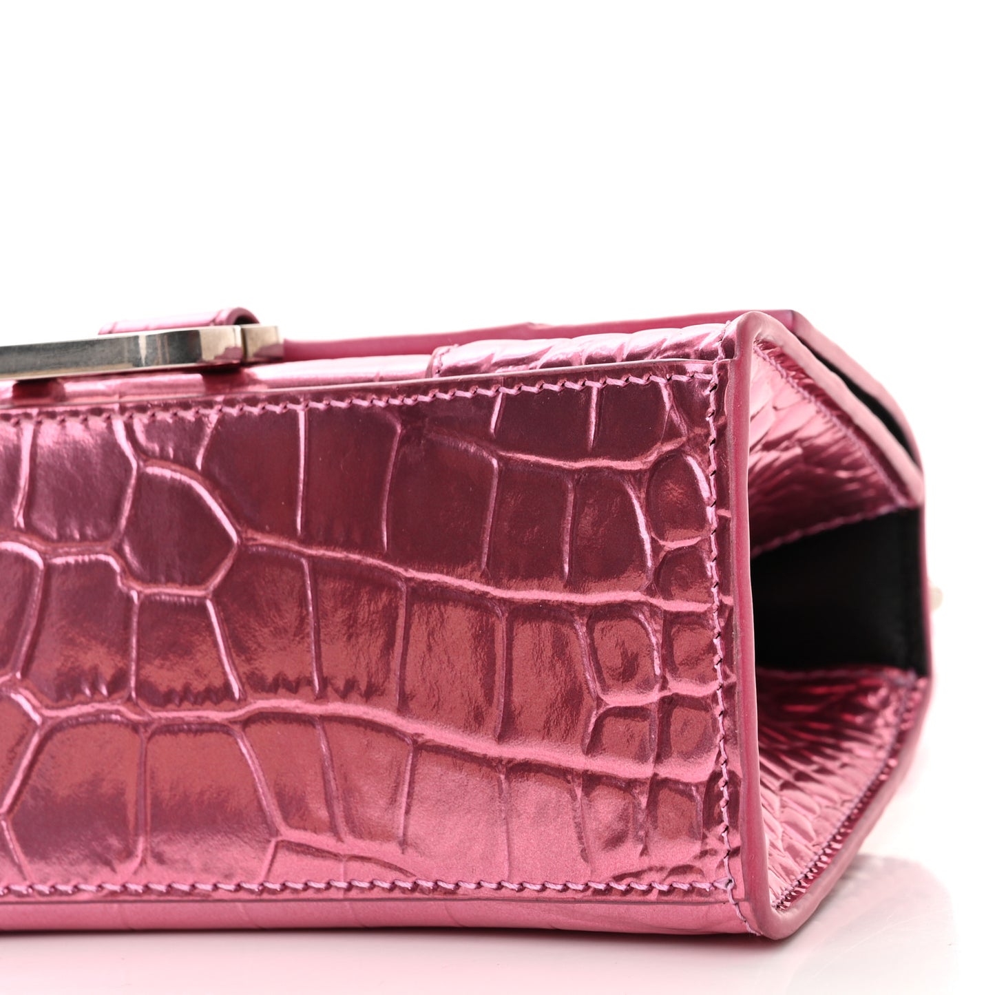 Metallic Shiny Calfskin Crocodile Embossed Hourglass Top Handle Bag XS Pink