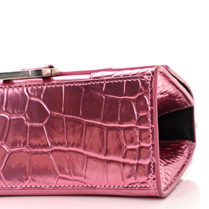 Balenciaga Metallic Shiny Calfskin Crocodile Embossed Hourglass Top Handle Bag XS Pink 9 of 11