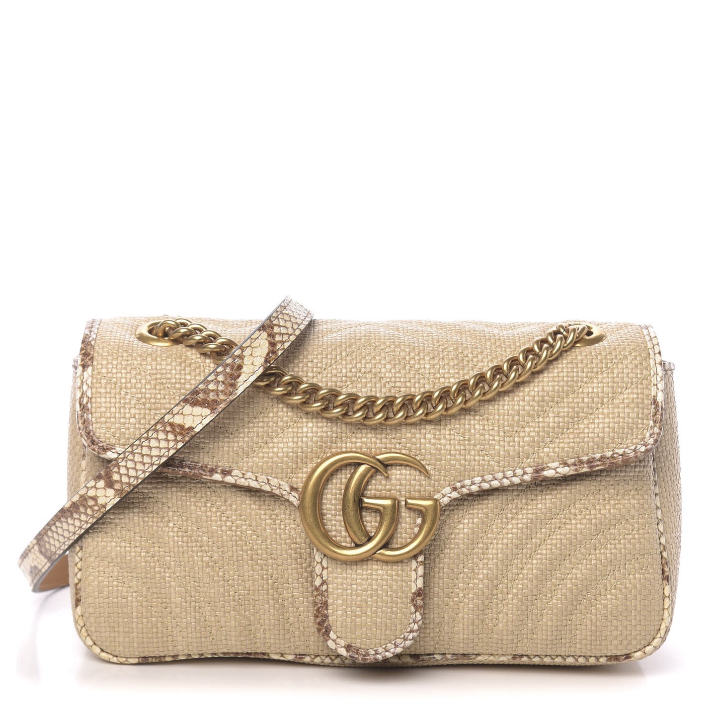 Raffia Elaphe Matelasse Small GG Marmont Shoulder Bag Natural Cream Brown