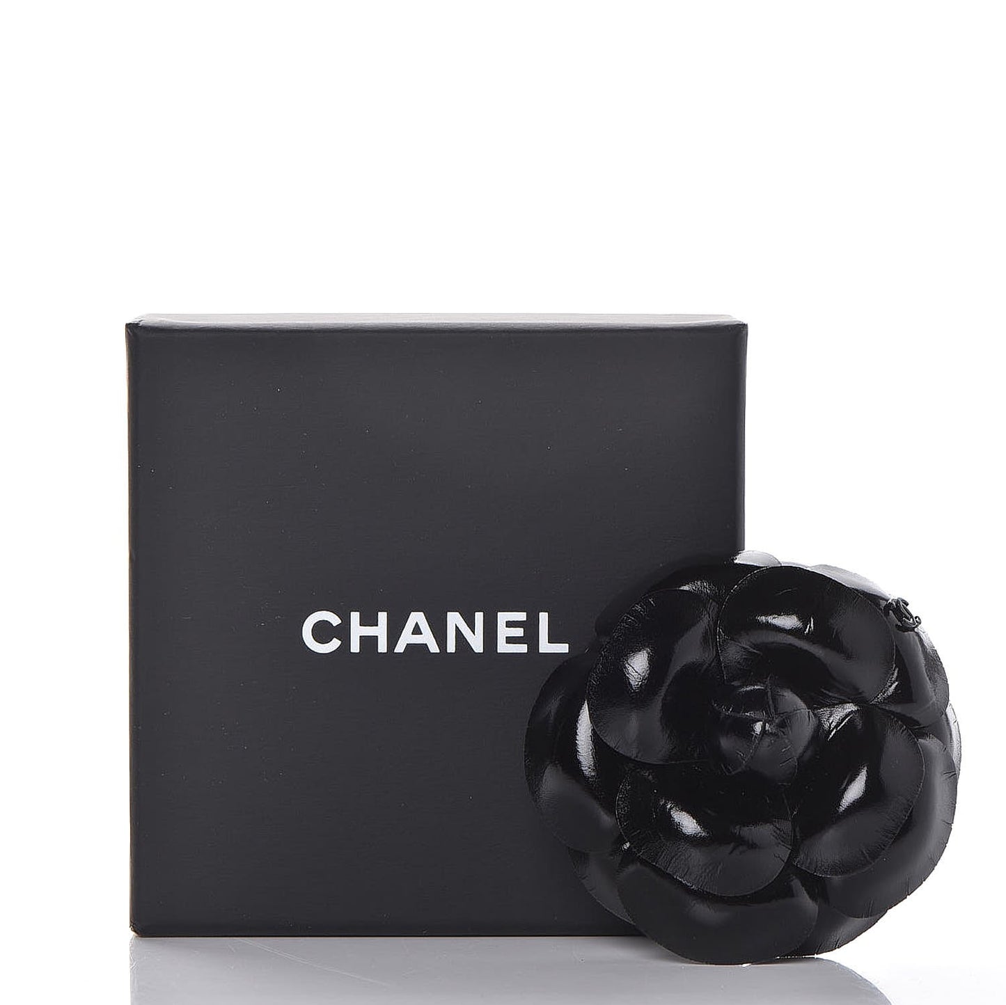Glazed Calfskin Camellia Brooch Black