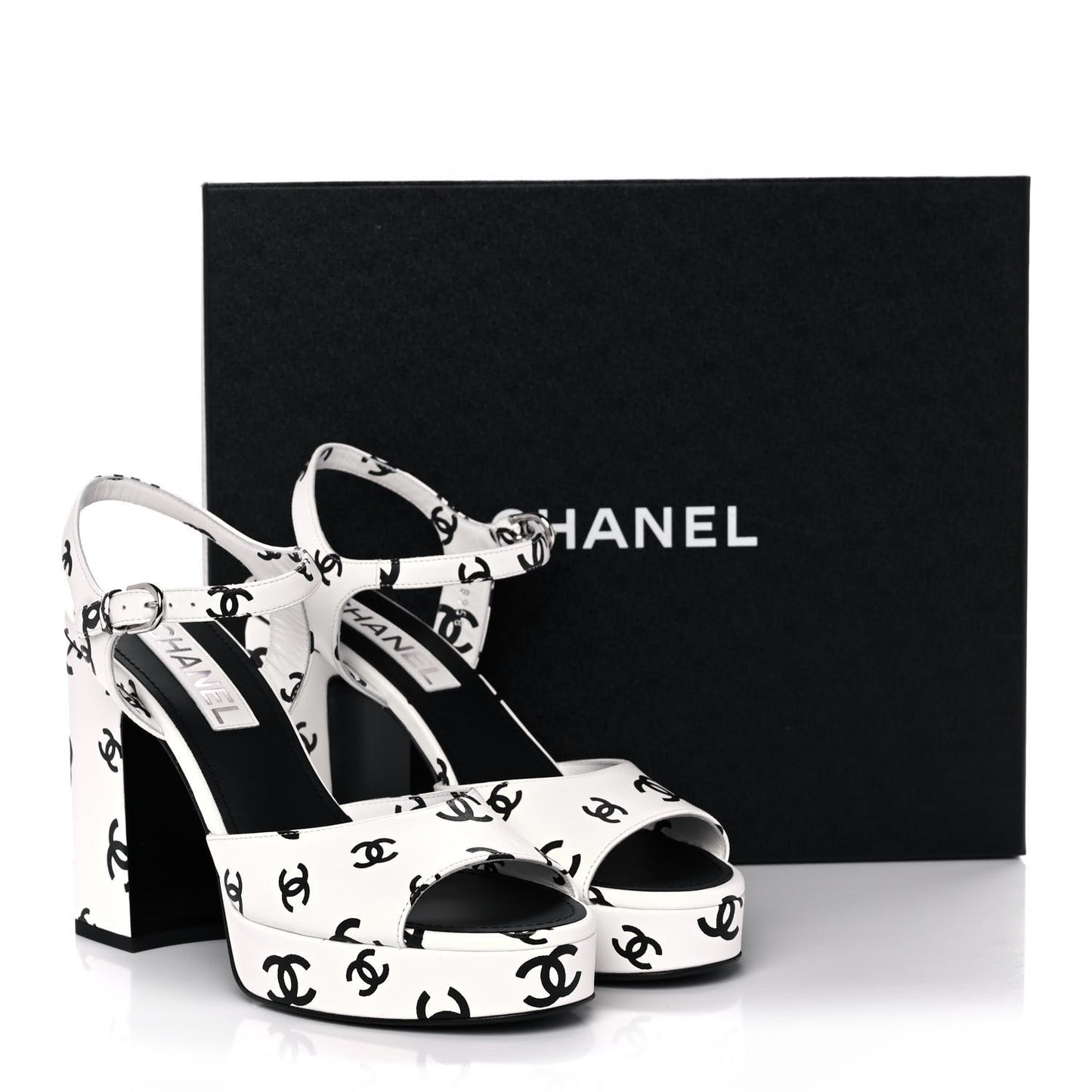 Printed Lambskin Coco Beach Platform Sandals 38.5 White Black