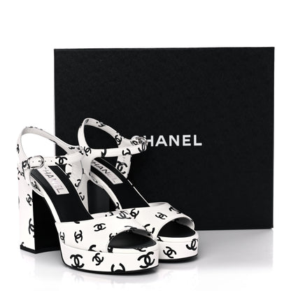 Chanel Printed Lambskin Coco Beach Platform Sandals 38.5 White Black 10 of 10