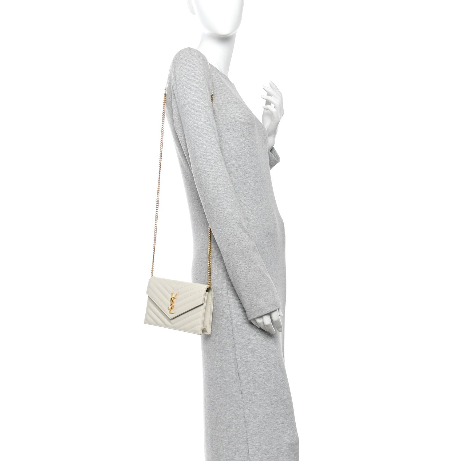 Saint Laurent Grain De Poudre Matelasse Chevron Monogram Envelope Chain Wallet Crema Soft 2 of 13