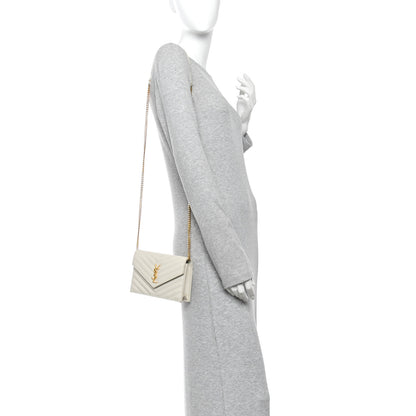 Saint Laurent Grain De Poudre Matelasse Chevron Monogram Envelope Chain Wallet Crema Soft 2 of 13