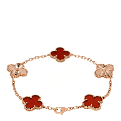 Van Cleef & Arpels 18K Rose Gold Carnelian 5 Motifs Guilloche Vintage Alhambra Bracelet 2 of 5