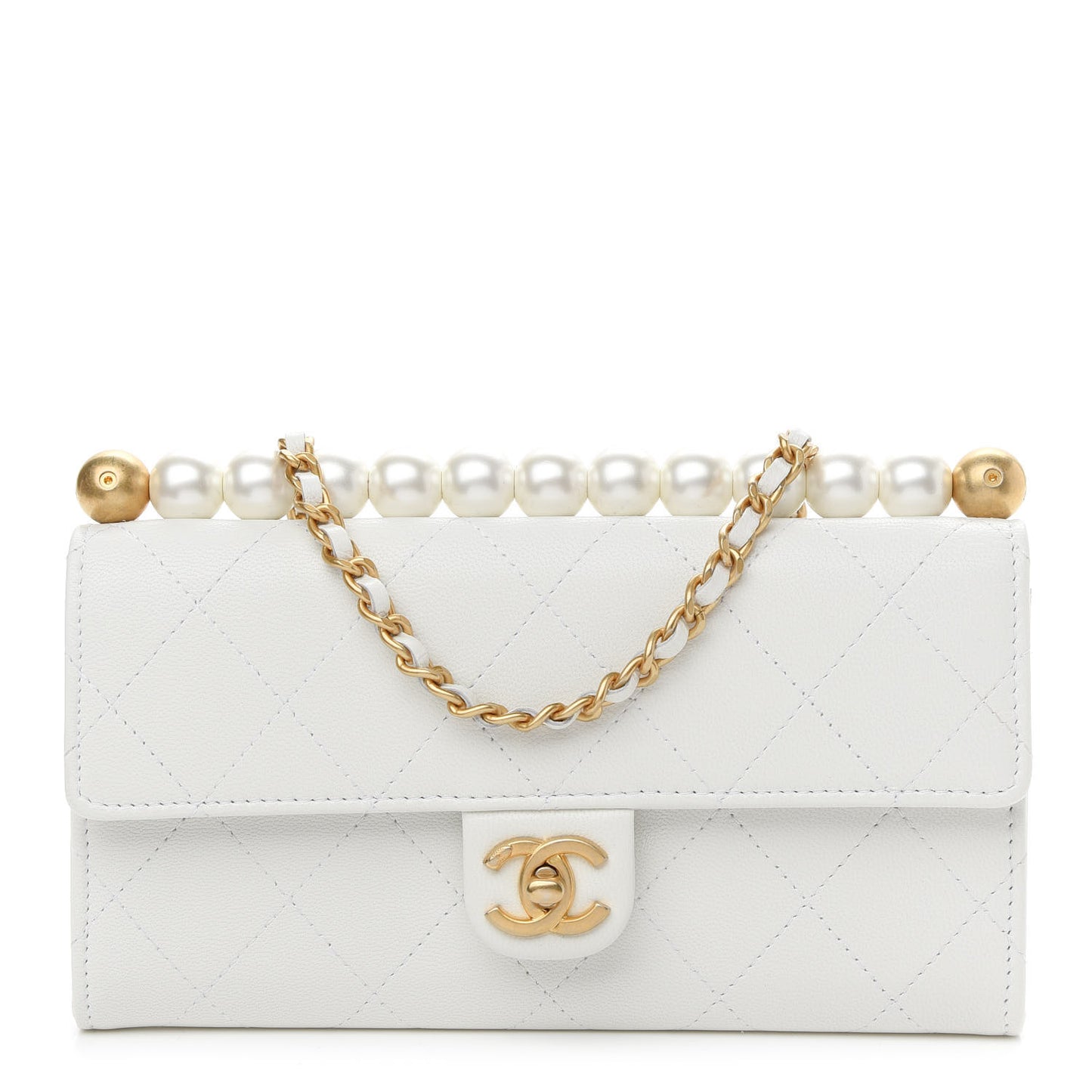 Lambskin Quilted Chic Pearls Clutch With Chain White