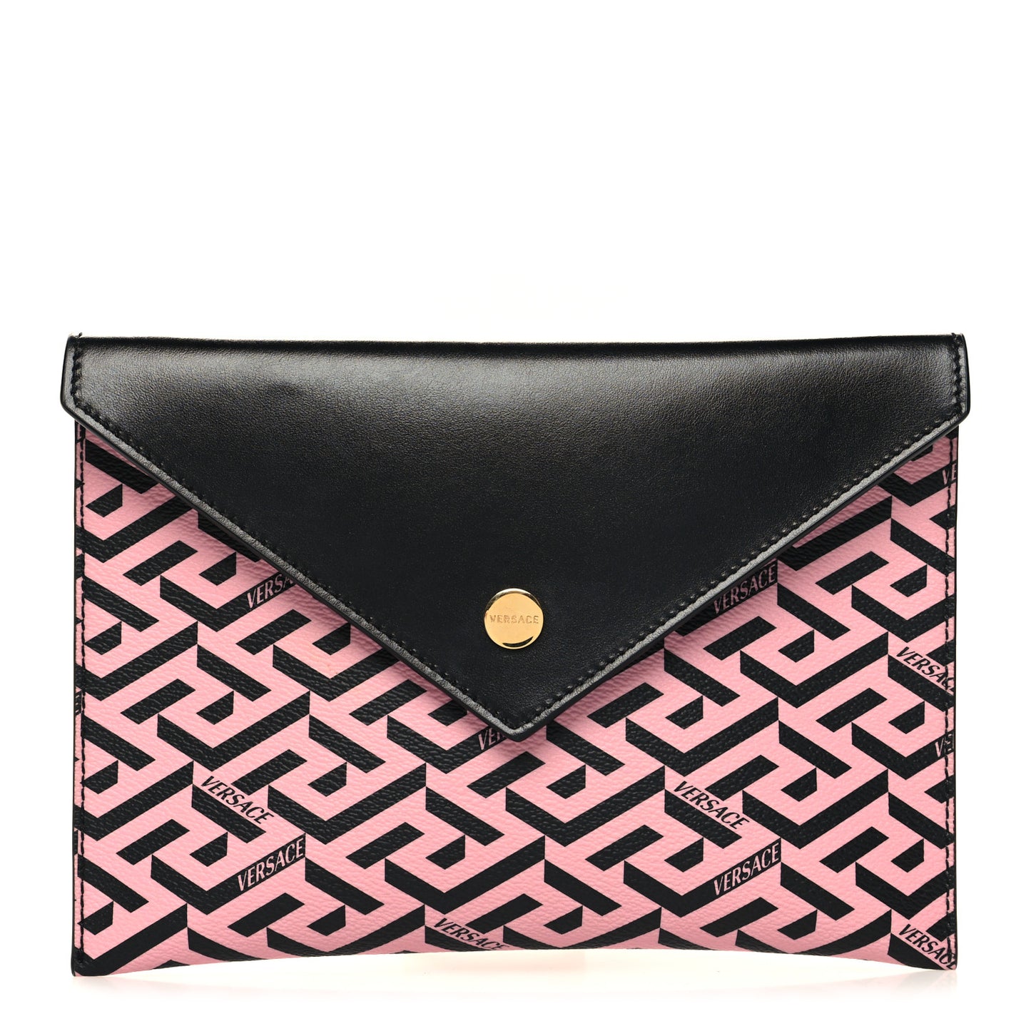 Coated Canvas Calfskin LA Greca Envelope Pouch Black Pink
