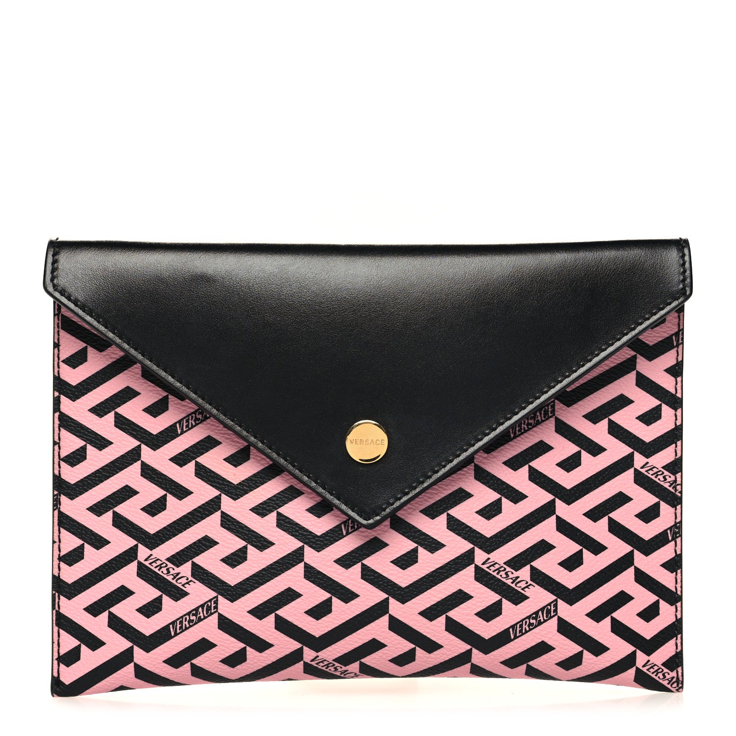 Versace Coated Canvas Calfskin LA Greca Envelope Pouch Black Pink 1 of 11