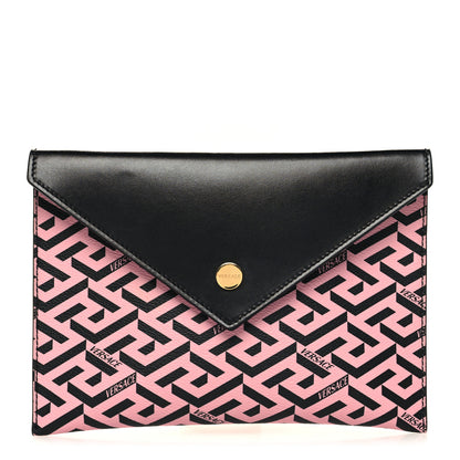 Versace Coated Canvas Calfskin LA Greca Envelope Pouch Black Pink 1 of 11