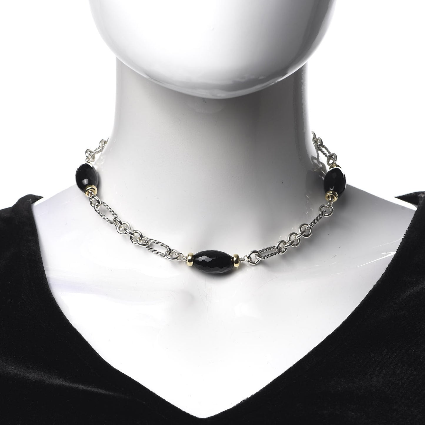 Sterling Silver 18K Yellow Gold Black Onyx Figaro Chain Necklace